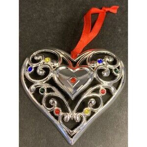 Lenox Christmas Ornament Sparkle And Scroll Multi Crystal Heart Silverplate